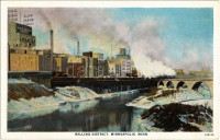 Minneapolis, Minnesota; Milling District, General Mills' Gold Medal Flour, industrial mills, railway bridge, locomotive