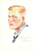 Német cserkész. Kiadja a Magyar Cserkészszövetség / Boy scout from Germany, art postcard s: Márton L. + 1933 Gödöllő IV. Jamboree So. Stpl. + Gödöllő IV. Jamboree légiposta járat