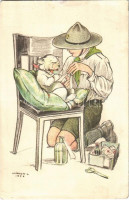 A cserkész, ahol tud, segít... Kiadja a Magyar Cserkészszövetség Nagytábortanácsa 1926. / Hungarian boy scout art postcard, injured dog s: Márton L. (EK)
