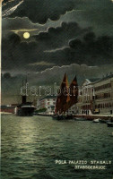 Pola, Pula; Palazzo Stabale / K.u.K. Kriegsmarine Stabsgebäude / Austro-Hungarian Navy officers' palace at night / Osztrák-magyar haditengerészet palotája, este + 'K.U.K. MARINEBEKLEIDUNGSAMT' (EB)