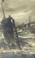 Deutsche Untersee- und Torpedoboote auf Vorposten. Kaiserliche Marine / German Imperial Navy art postcard, submarine and topedo boats s: Prof. Willy Stöwer