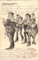 Wir gratulieren zur Beförderung / Auguri per l'avanzamento / K.u.K. Kriegsmarine Matrose / Austro-Hungarian Navy mariner humour art postcard, music band. G. Fano, Pola 1912/13. 5858. s: Ed. Dworak (EK)