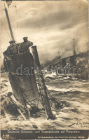 Deutsche Untersee- und Torpedoboote auf Vorposten. Kaiserliche Marine / German Imperial Navy art postcard, submarine and topedo boats s: Prof. Willy Stöwer