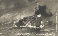 Der kleine Kreuzer Zenta und Torpedobootzerstörer Ulan im Kampfe mit der gesamten französischen Flotte / WWI K.u.K. Navy Kriegsmarine art postcard s: Harry Heusser