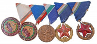 5db klf magyar kitüntetés fém csaton, rajta 'A Haza Fegyveres Szolgálatában 20, 25 év'; '1965. 'Árvízvédelemért Érem'; 1951. 'Közbiztonsági Érem arany és bronz fokozata' T:2