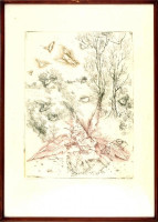 Almásy Aladár (1946-): Flaubert venyigéi. Rézkarc, papír, jelzett, enyhén foltos, üvegezett keretben, 39×29 cm