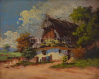 Bakonyi jelzéssel: Házudvar libákkal. Olaj, karon, keretben, 20×25 cm