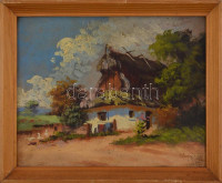 Bakonyi jelzéssel: Házudvar libákkal. Olaj, karon, keretben, 20×25 cm