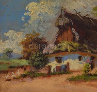 Bakonyi jelzéssel: Házudvar libákkal. Olaj, karon, keretben, 20×25 cm