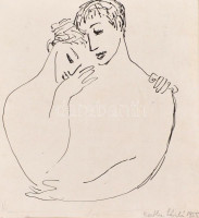 Bartha László (1908-1998): Szerelmespár. Tus, papír, jelzett és datált (Bartha László 1955), paszpartuban, 12,5×11,5 cm