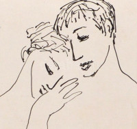 Bartha László (1908-1998): Szerelmespár. Tus, papír, jelzett és datált (Bartha László 1955), paszpartuban, 12,5×11,5 cm