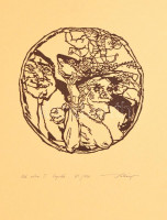Bálványosa Huba (1938-2011). Ad astra I. Cupió (erotikus jelenet). Linometszet, merített papír, jelzett, számozott (61/100), 15x15 cm