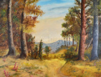 Bártfay Elly (1917-1995): Hegyvidékii táj, olaj, farost, jelzett, hátoldalán a művész címkéjével. 50x64,5 cm