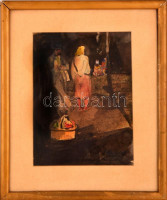 Benedek jelzéssel: Várakozók. Akvarell-ceruza, papír, üvegezett keretben, 28×21 cm
