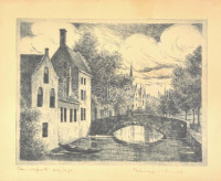 Beregi Vilmos (1917-1970): Frankfurti tájkép. Rézkarc, papír, jelzett, kissé sérült üvegezett keretben, 16,5×21,5 cm