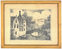Beregi Vilmos (1917-1970): Frankfurti tájkép. Rézkarc, papír, jelzett, kissé sérült üvegezett keretben, 16,5×21,5 cm