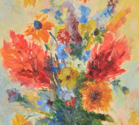 Biró Ferenc (1921-2001): Virágcsendélet, olaj, farost, jelzett, keretben, 69×49 cm