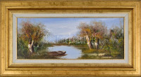 Bocsák Krisztina (1964- ): Ladik. Olaj, farost, jelzett, díszes fa keretben, hátoldalán címkével, 20×50 cm