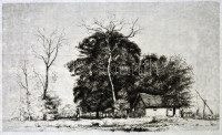 Boldizsár István (1897-1984): Tanya gémeskúttal. Rézkarc, papír, hátoldalán hagyatéki pecséttel. 17,5x29,5 cm