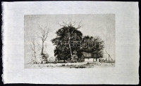Boldizsár István (1897-1984): Tanya gémeskúttal. Rézkarc, papír, hátoldalán hagyatéki pecséttel. 17,5x29,5 cm
