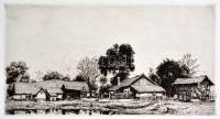 Boldizsár István (1897-1984): Falusi udvar. Rézkarc, papír, hátoldalán hagyatéki pecséttel. 15,5x29 cm