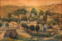 Bundschun Ottó (1885-?): Pomáz 1928. Akvarell, papír, jelzett, üvegezett keretben, 27×39 cm