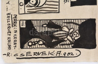Csernek Antal (1881-1935): A Műcsarnok Téli Tárlata karikatúrái. Tus, papír, jelzett jobb alsó sarkában (Csernek A 902), bal felső sarkában: javítva (?) B. (Borsszem) Jankó. Sérült (szakadt, kisebb hiányokkal, hátoldala ragasztott).
