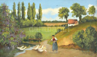 DOS 85 jelzéssel: Libaetetés. Olaj, vászon, széleinél enyhén sérült, 30x50 cm