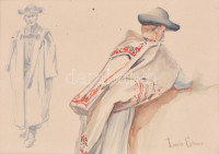 Ebner jelzéssel: Alakok. Akvarell, ceruza, papír, üvegezett keretben, 17×24,5 cm