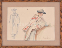 Ebner jelzéssel: Alakok. Akvarell, ceruza, papír, üvegezett keretben, 17×24,5 cm