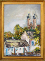 Erdős László (1921-1999): Tihany. Olaj, farost. Jelzett. 72x48 cm Keretben.