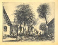 Élesdy István (1912-1987): Öreg házak. Rézkarc, papír, jelzett, üvegezett, sérült keretben, 29×38 cm