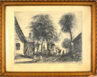 Élesdy István (1912-1987): Öreg házak. Rézkarc, papír, jelzett, üvegezett, sérült keretben, 29×38 cm