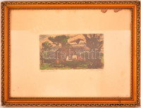 Farkasházy Miklós (1895-1964): Áprilisi napsütés. Színezett rézkarc, papír, jelzett, foltos, üvegezett keretben, 13×23 cm