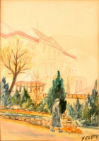 Fekete jelzéssel: Épület. Akvarell, papír, üvegezett keretben, 24×17 cm