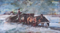 Fodor József (1935-2007): Rakodás. Olaj, farost, jelzett, üvegezett fa keretben, hátoldalán a művész autográf feliratával, 40x70 cm
