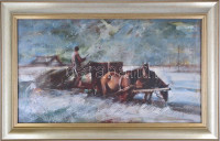Fodor József (1935-2007): Rakodás. Olaj, farost, jelzett, üvegezett fa keretben, hátoldalán a művész autográf feliratával, 40x70 cm
