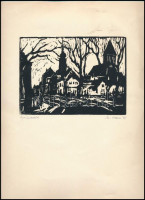 Martin Franz (1928-2016): Greifswald. Fametszet, papír, jelzett és datált (M. Franz 75), lap széle foltos, 11,5×16 cm / Martin Franz (1928-2016): Greifswald. Holzschnitt, Papier, signiert und datiert (M. Franz 75), Blatt am Rand etwas fleckig,