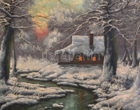 Gábris Béla (?-?): Téli táj. Olaj, vászon, jelzett. Enyhén sérült, neobarokk stílusú fa keretben, 60×80 cm