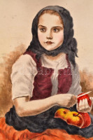 Glatz Oszkár (1862-1958)-Prihoda István (1891-1956): Almát hámozó lány. Színezett rézkarc, papír, jelzett, körbevágva, 36x28 cm