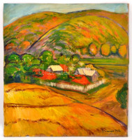 Grünwald jelzéssel: Házak a völgyben. Olaj, farost, 53×50 cm