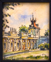 Háry jelzéssel: Kastély. Tus, akvarell, papír, üvegezett fa keretben, 10x8 cm