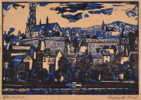Herwerth József (1939-1987): Halászbástya, színes linómetszet, papír, jelzett, vékony kartonra kasírozva, 17x25 cm