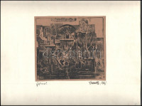 Herwerth József (1939-1987): Gépnél, fametszet, papír, jelzett és datált (Herwerth 1964), kartonra kasírozva, 18x20 cm
