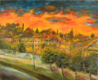 Holló jelzéssel: Napnyugta. Olaj, farost, sérült, 68×82 cm