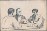 Honti Nándor (1878-1961): Nagyváradi kávéházi kártyázók. Nevesített rajz (Kardos, Gyárfás, Sarkadi). Ceruza, papír. Jelzett.  Beszakadással. 17x25 cm