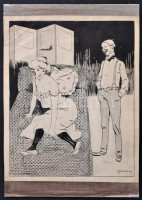 Józsa Károly (1872-1929): Jókedvűen. Tus, papír, szakadással, 24×19 cm