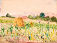 Kamarás Béla (?-?): Mező szénaboglyával. Akvarell, papír, jelzett, kis szakadással,  26×35 cm