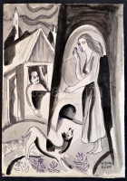 Kádár jelzéssel: Jelenet kutyával. Lavírozott tus, toll papír, enyhén foltos, 31×21,5 cm
