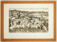 Kádas István (1941-): Szent Gellért kivégzése. Rézkarc, papír, jelzett, üvegezett keretben, 23×38 cm